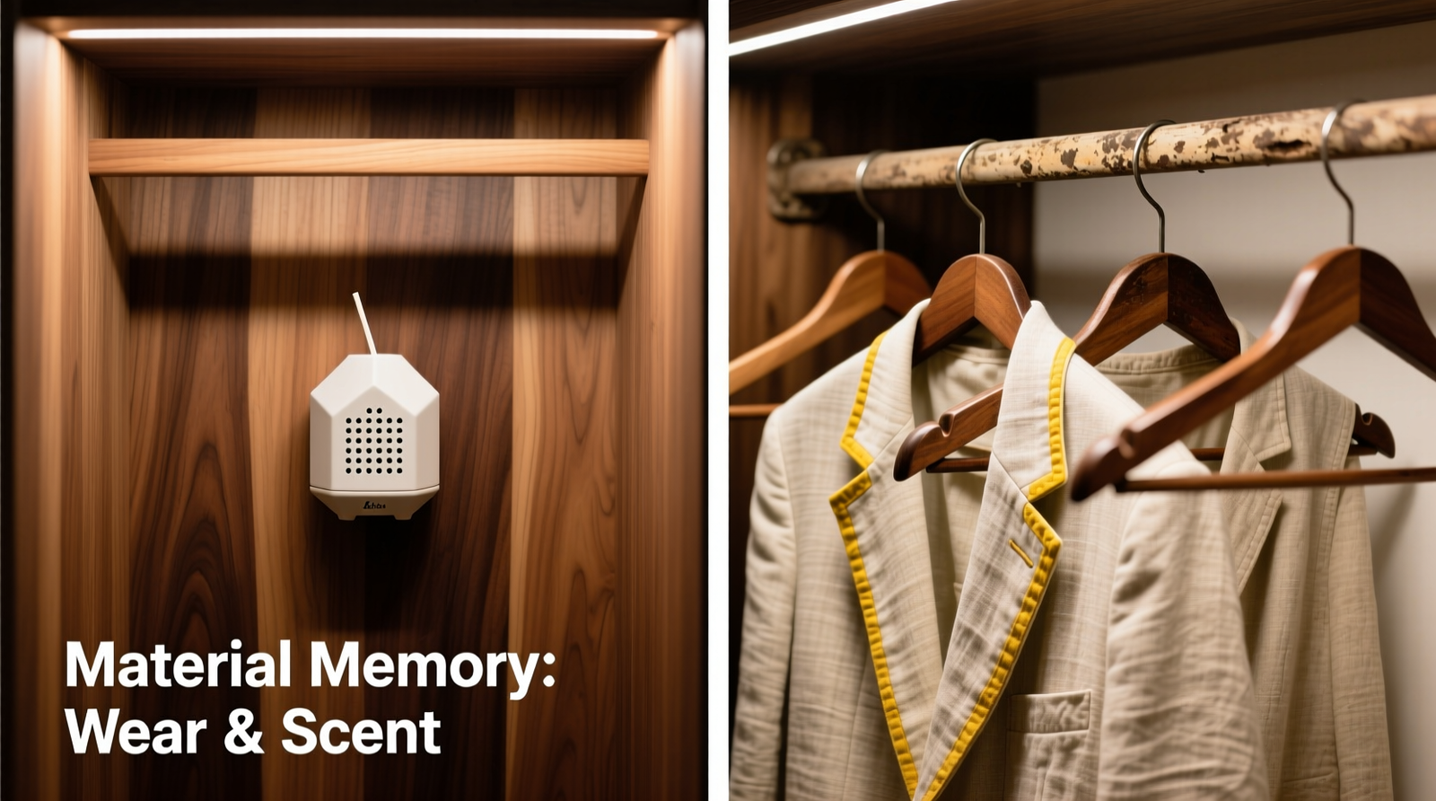 Side-by-side comparison: left shows a cedar-lined closet with a discreet, vented ceramic scent diffuser mounted on the back wall; right shows oil-stained hangers draped with a pale linen blazer showing visible yellow haloing at shoulder seams