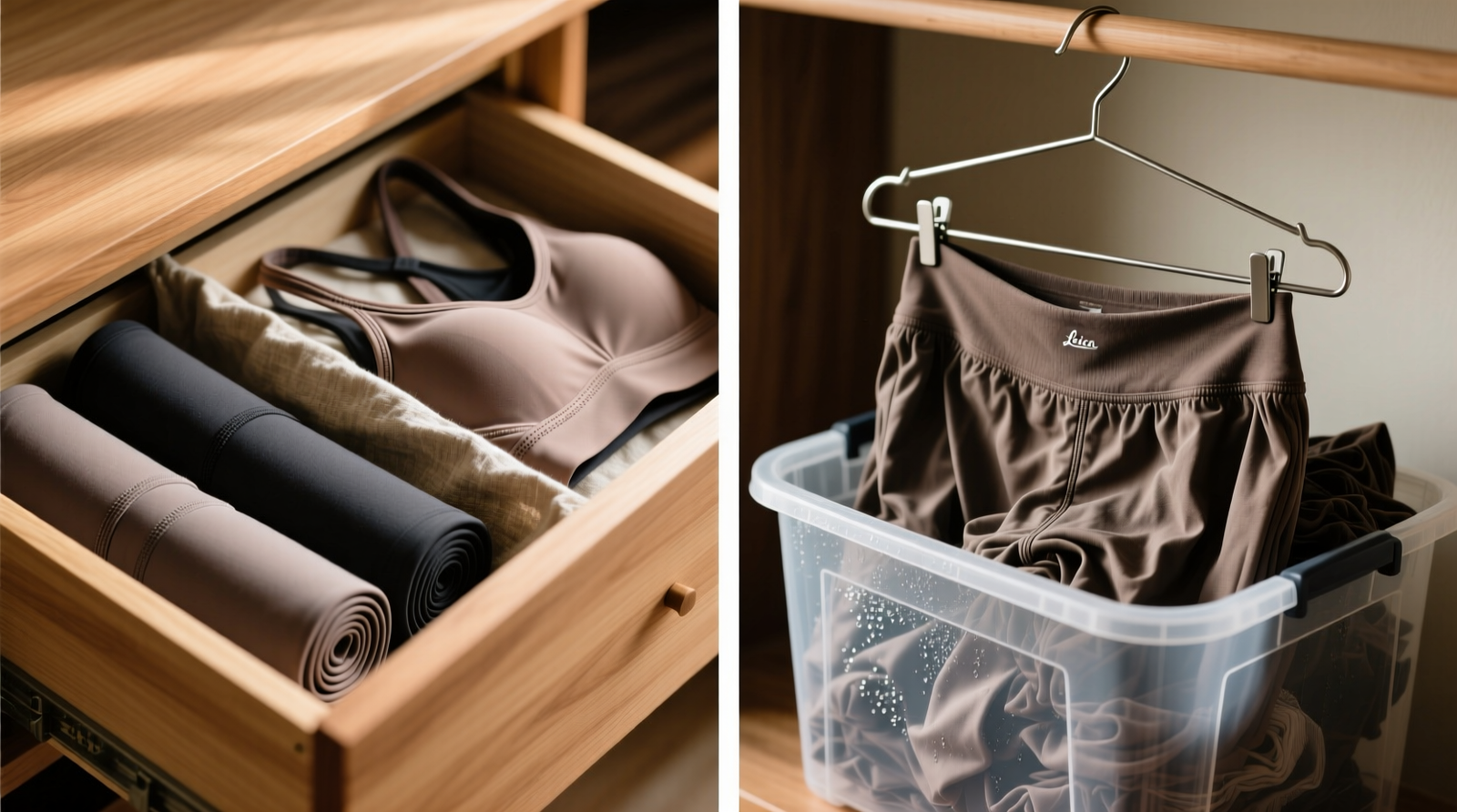 Side-by-side comparison: left shows neatly rolled leggings and flattened sports bras stacked horizontally in a shallow cedar-lined drawer with linen divider; right shows stretched waistbands on hangers and wrinkled, bunched leggings in a sealed plastic bin