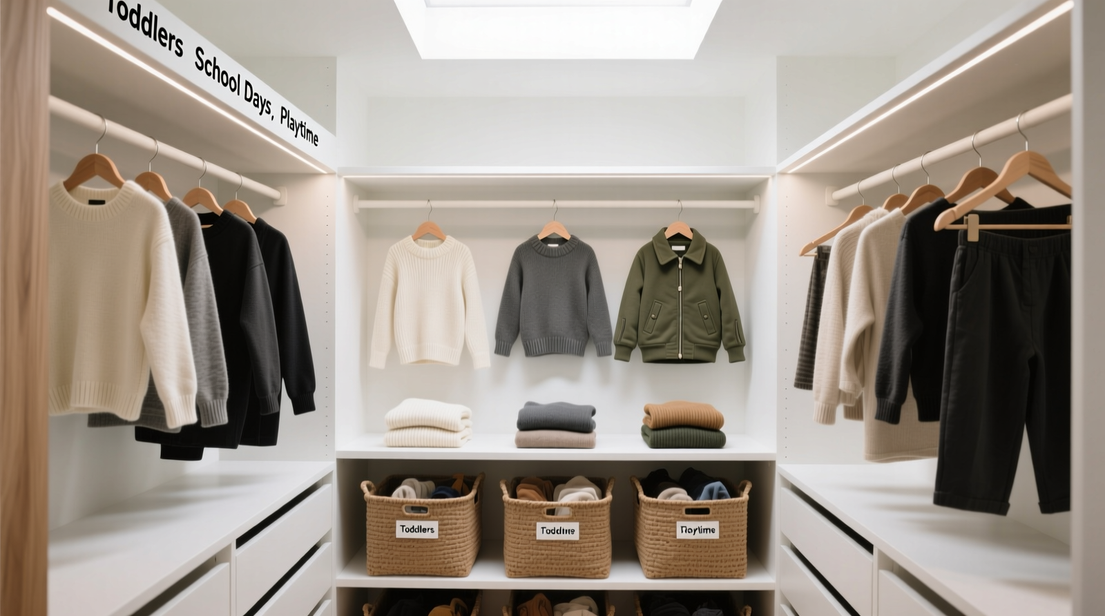 A well-lit, shallow linen closet converted into a capsule wardrobe hub: labeled woven bins for kids’ clothes on lower shelves, double-hang rods for adult tops and bottoms, a single shelf holding five folded sweaters and three structured jackets, all within a 30-inch-wide space. No visible hangers, no overflowing shelves, no seasonal items present.