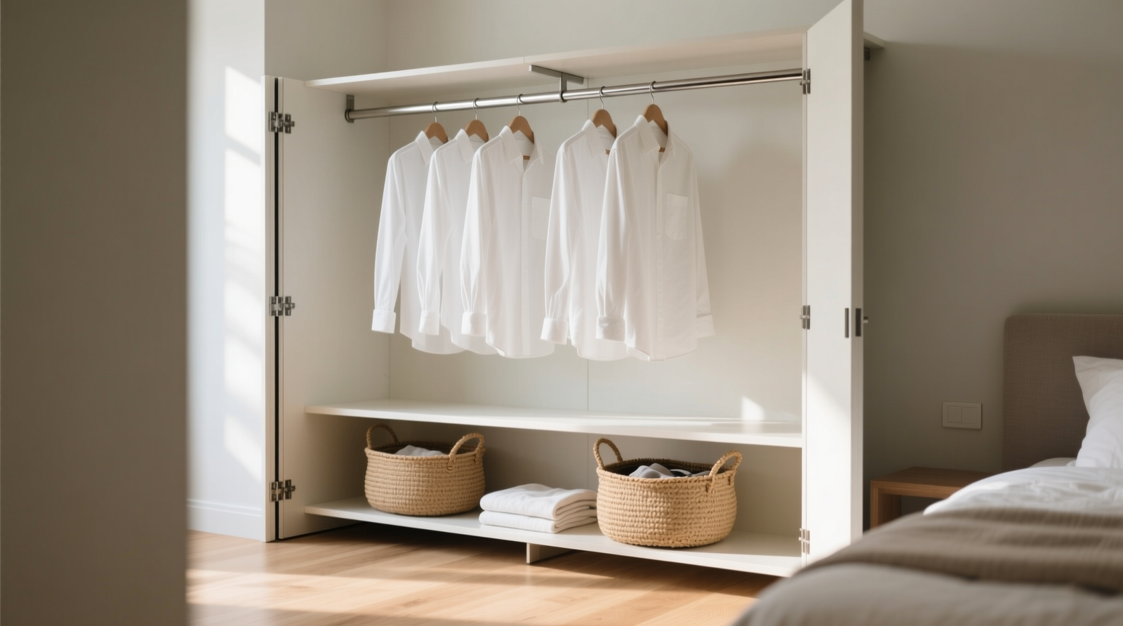 A minimalist foldable closet island fully deployed with white linen shirts hung evenly on a stainless steel rod, shallow woven baskets on open shelves, and a clean hardwood floor visible beneath its narrow footprint—demonstrating both function and spatial respect