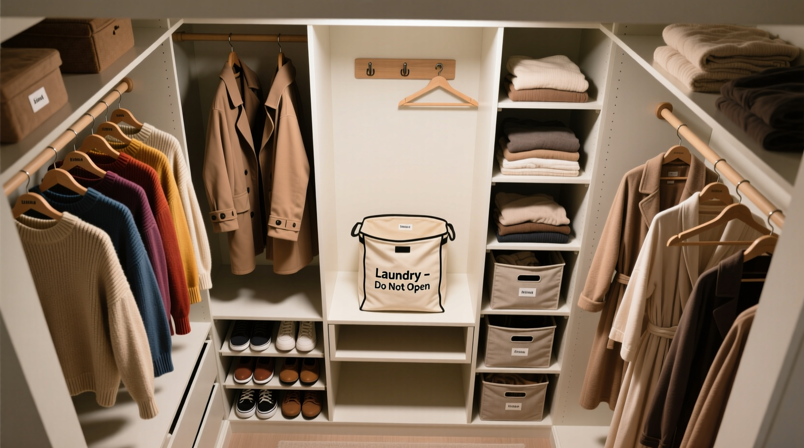 Overhead view of a shared closet divided into left side (structured hangers, labeled sweater shelf, low-access shoe rack), right side (open bins for casual wear, adjustable rod for variable-length garments), and center neutral zone with labeled laundry bag and shared outerwear hooks