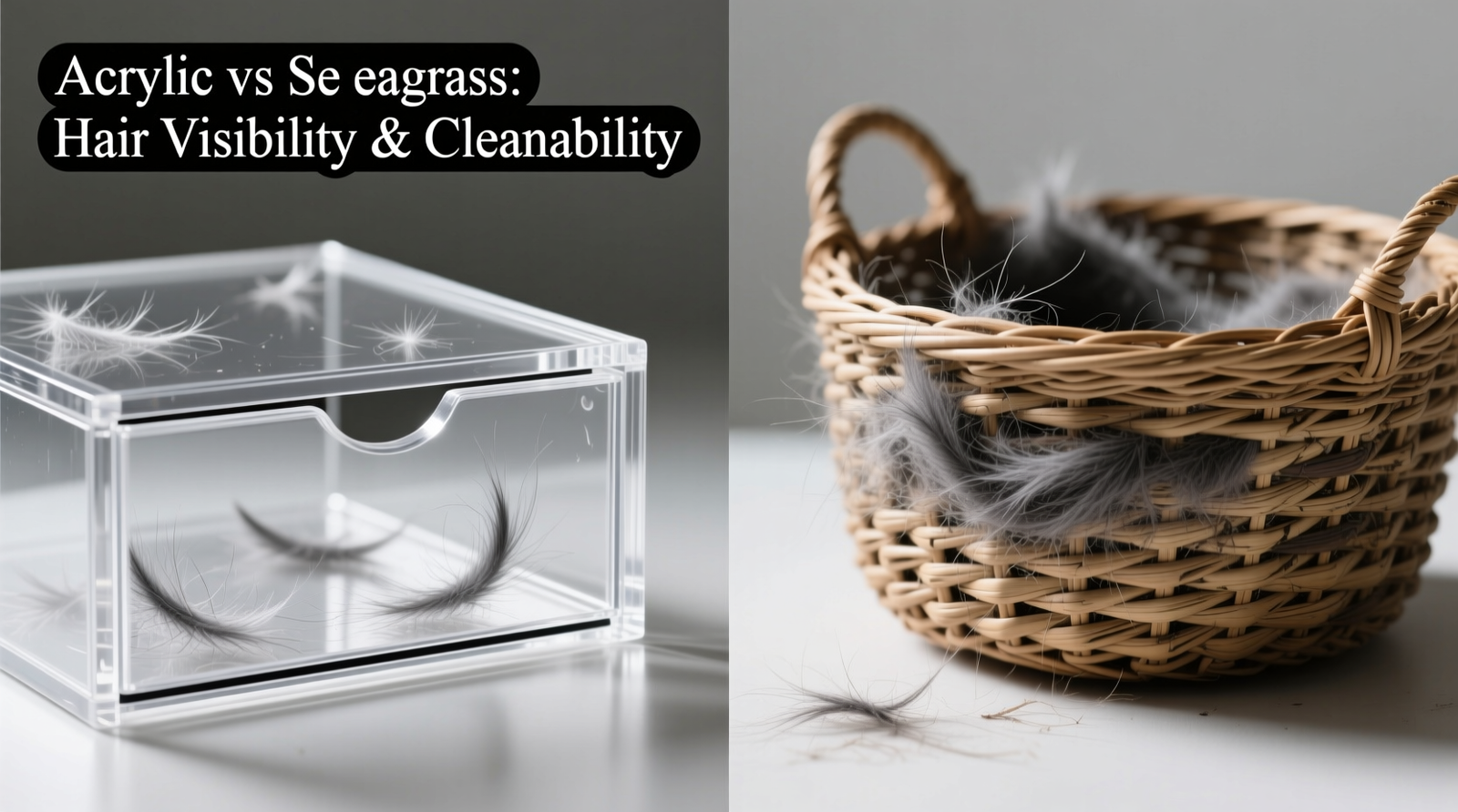 Side-by-side comparison: left shows clear acrylic drawer with visible but easily wiped pet hair on smooth surface; right shows seagrass basket with deeply embedded gray cat hair disappearing into woven texture