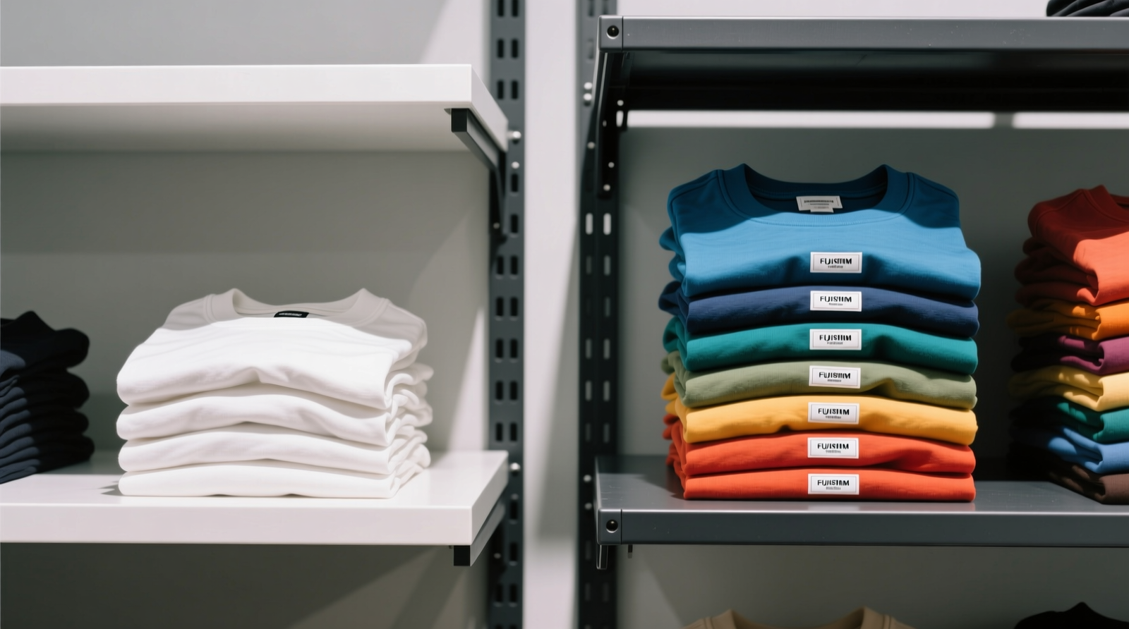 Side-by-side comparison: left shelf shows neatly stacked t-shirts with top layer only visible; right shelf displays identical t-shirts folded vertically in uniform upright rows, all labels and colors fully legible at eye level