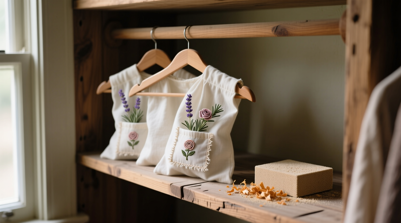 A cedar-lined closet shelf holding three wool coats in off-white cotton garment bags, each with a small sachet of dried lavender and rosemary visible at the shoulder seam; a fine-grit sandpaper block rests beside a cedar plank showing fresh amber shavings