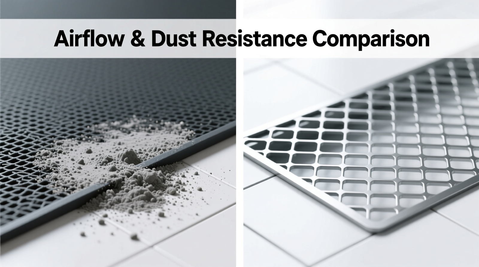 Side-by-side comparison: left shows dust accumulation under solid-rubber mat (visible gray layer), right shows clean floor beneath perforated-grid mat with visible airflow channels
