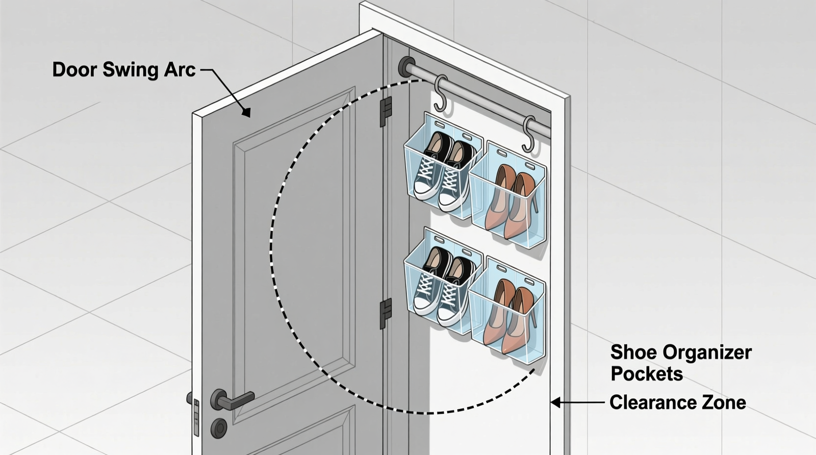 Side-view diagram showing a standard inward-swinging closet door with a dual-tier hanging shoe organizer mounted on its interior surface, clearly illustrating zero interference between door arc and organizer pockets
