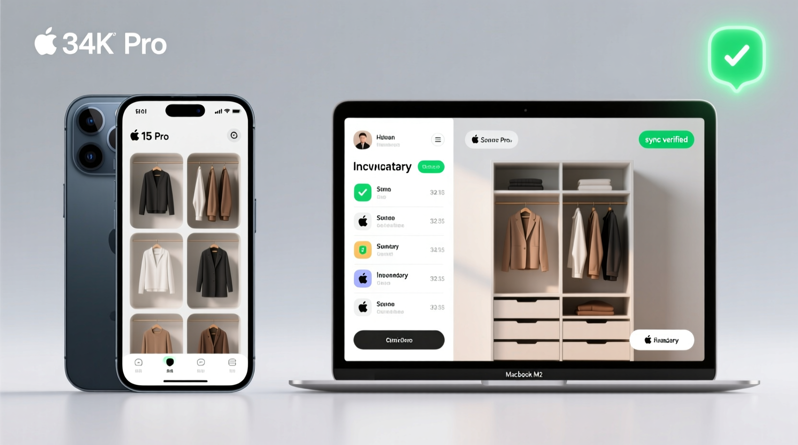 Split-screen interface showing identical closet inventory on iPhone and MacBook, with synchronized tags, timestamps, and a subtle green 'sync verified' badge in the top-right corner of both displays