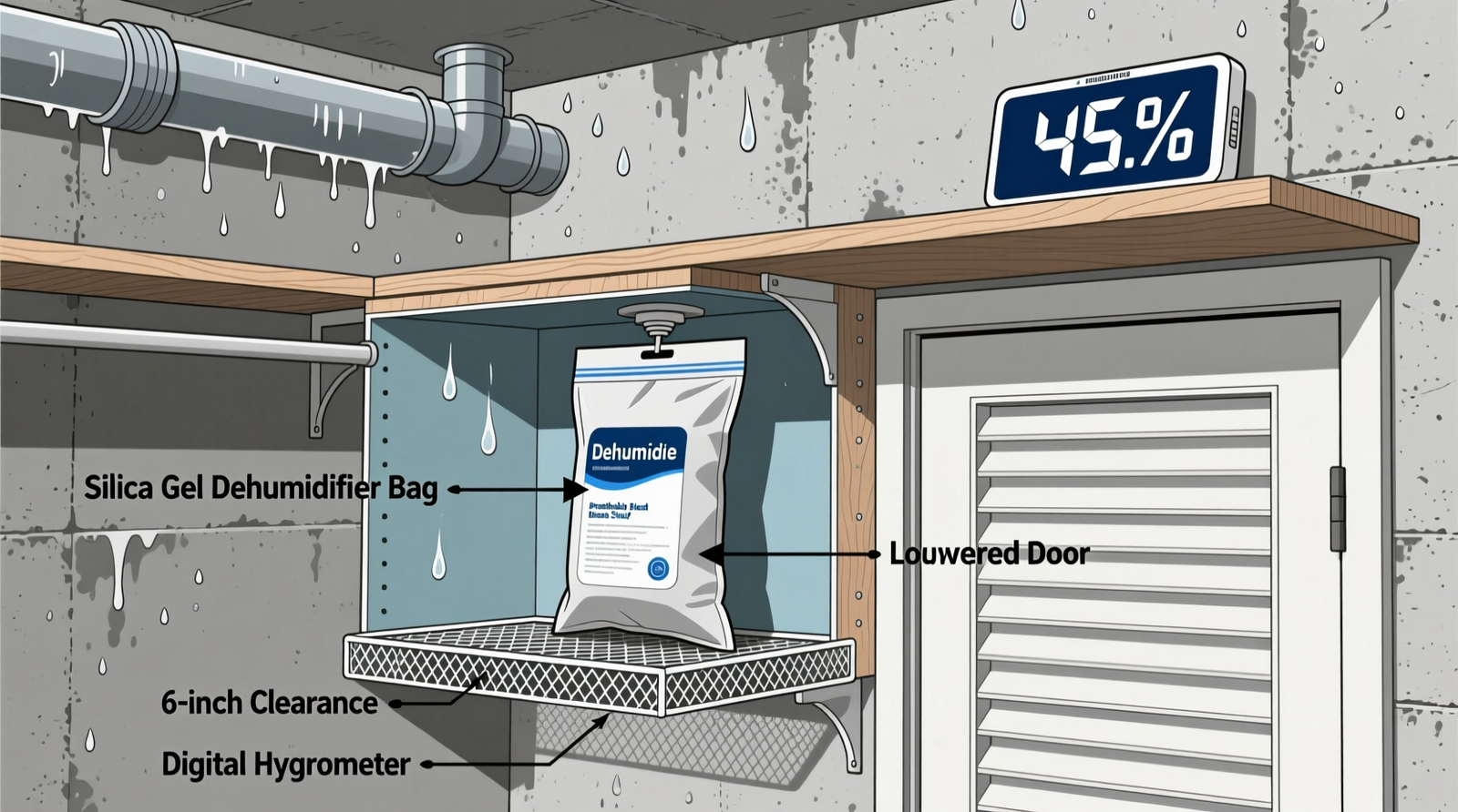 Cross-section diagram showing proper placement of a regenerable silica gel dehumidifier bag inside a basement closet: mounted centrally on a breathable mesh shelf, 6 inches from walls, beneath a louvered door, with a digital hygrometer visible on the top shelf