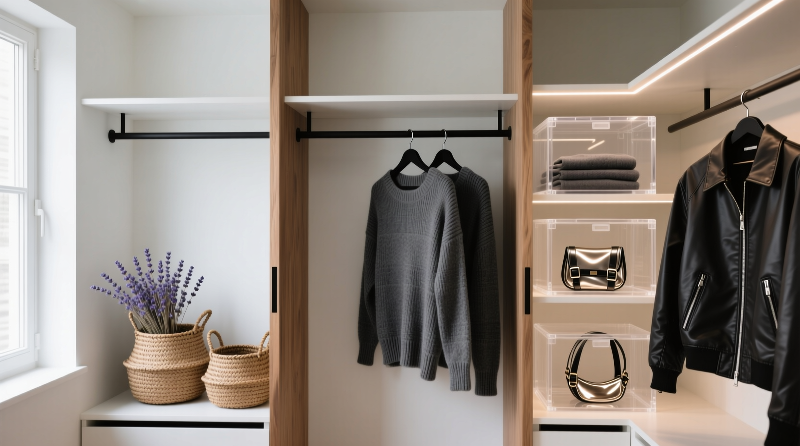 A minimalist closet interior showing three clearly delineated vertical zones: left with woven baskets and dried lavender sprigs, center with matte black hangers and folded charcoal knits, right with transparent acrylic boxes containing LED-trimmed jackets and metallic harnesses—each zone separated by slim, unlabeled walnut dividers.