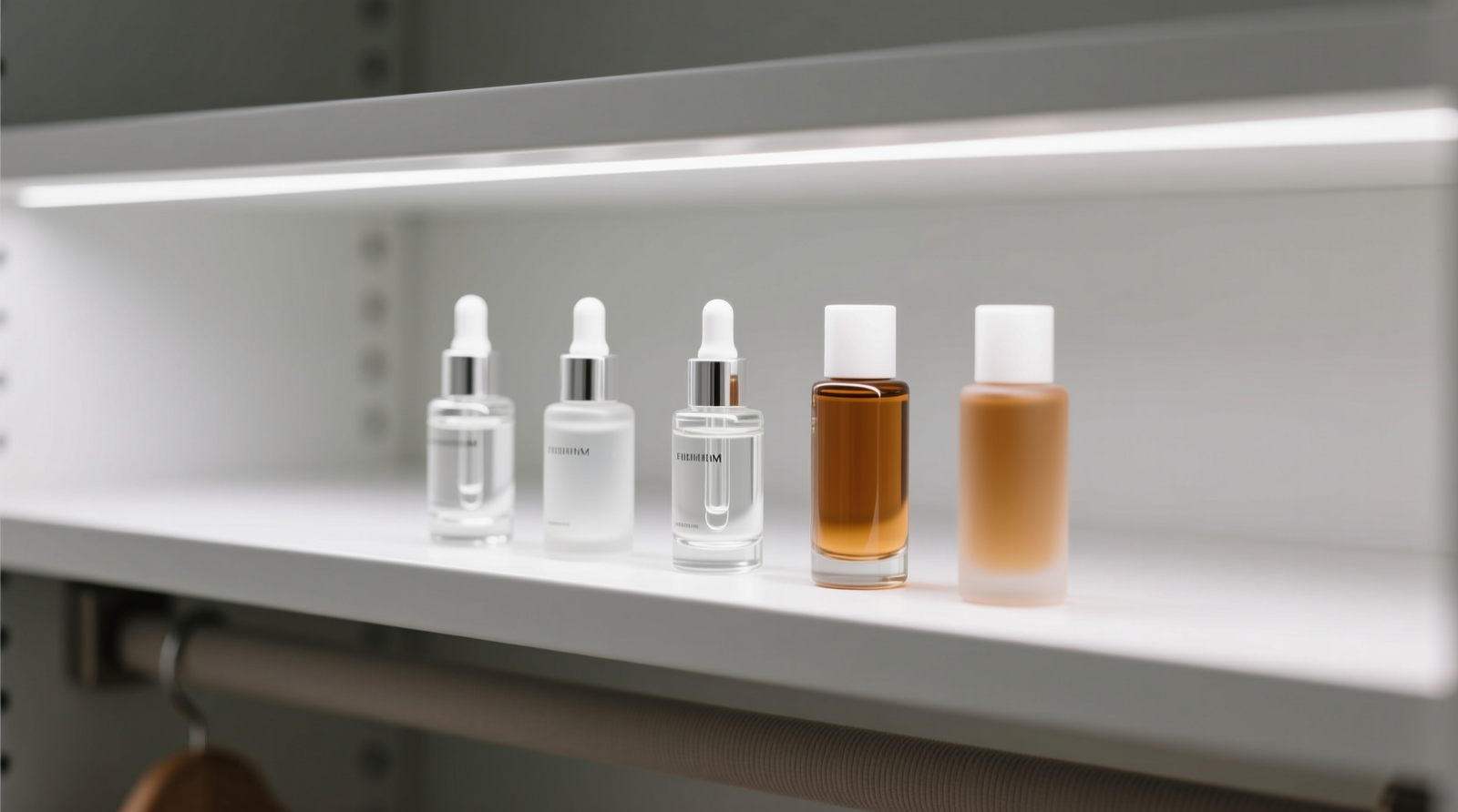 Close-up of minimalist closet shelf with matte white neoprene edging strip installed along the rear lip; five uniform skincare bottles—clear glass serums and frosted amber toners—aligned upright and evenly spaced, all resting flush against the edging without tilting or sliding