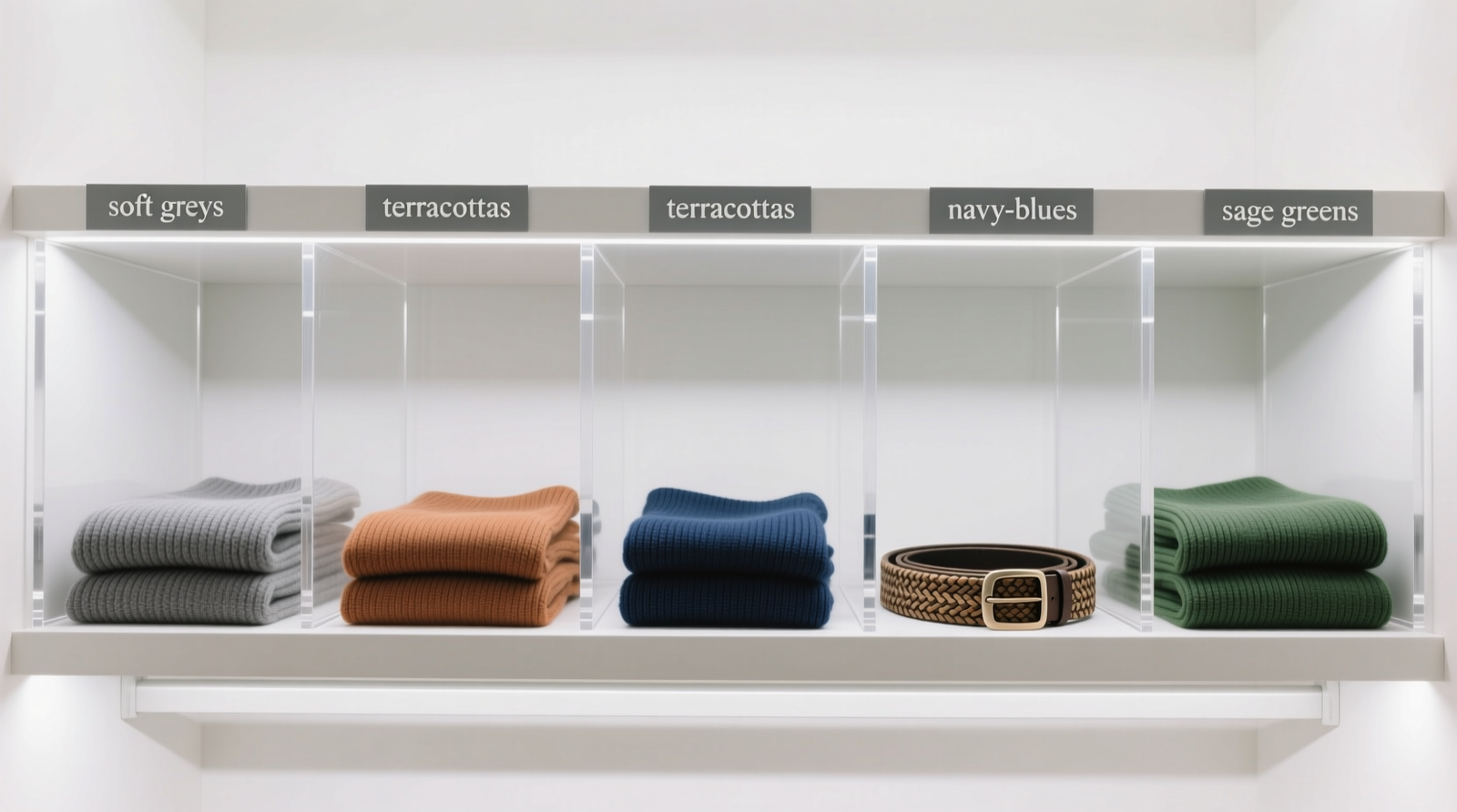 A shallow closet shelf with vertical clear acrylic dividers creating evenly spaced, labeled color-family zones: soft greys, terracottas, navy-blues, and sage greens—each holding folded knit scarves and woven belts without overlap or shadow