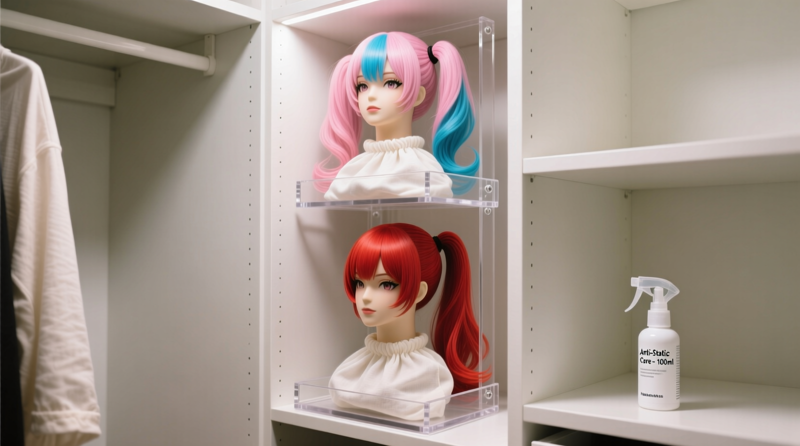 Three-tier acrylic ventilated wig stand mounted vertically in a narrow closet corner, each level holding a styled anime wig inside a loose-fitting off-white cotton muslin bag; background shows clean white shelving and subtle anti-static spray bottle on adjacent shelf
