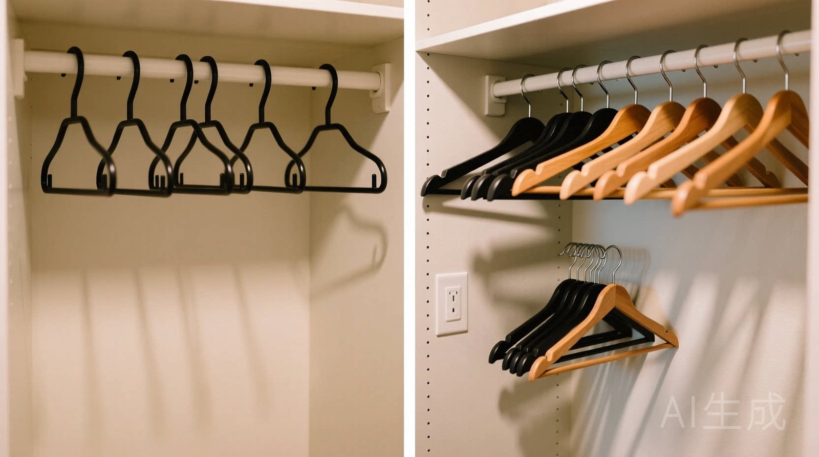 Side-by-side closet view: left side shows all hangers oriented backward (empty hooks facing viewer); right side shows mixed orientation after three months—most hangers flipped forward, with a small cluster still backward near the back wall
