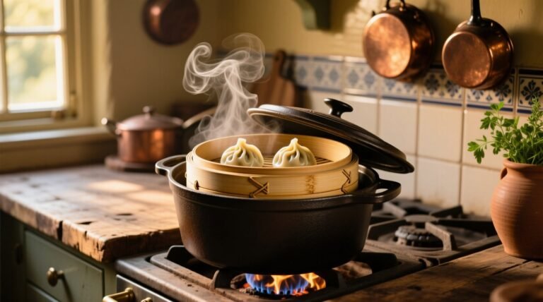 A steamer basket in your dutch oven lets you cook two dishes.jpg