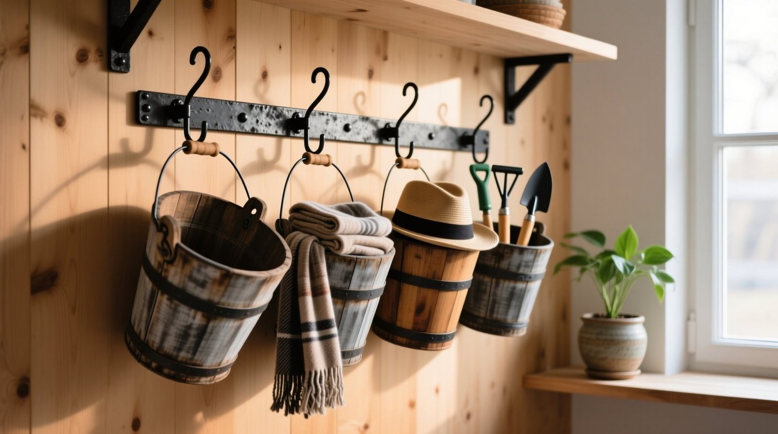 Add extra storage to your wall with buckets hooks a pro organizers guide.jpg