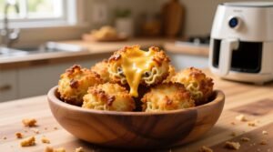 Air fried mac n cheese bites recipe crispy oil free basket safe.jpg