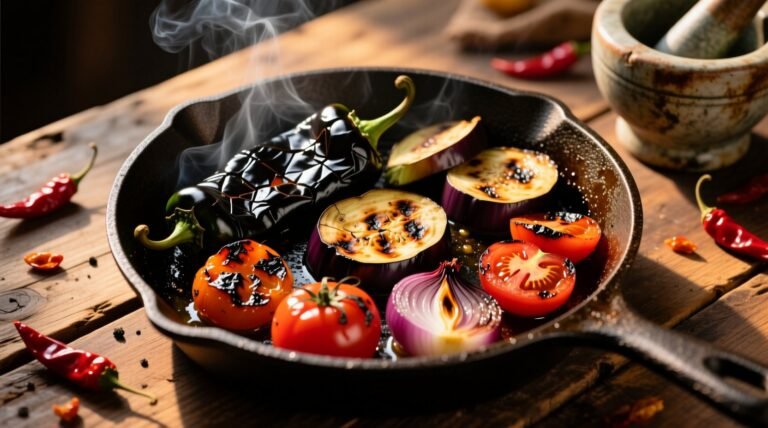 Broiled charred vegetables for better salsa chili sauce.jpg