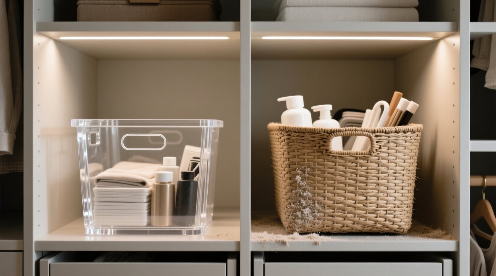 Closet organization tips acrylic vs seagrass dust resistance.jpg