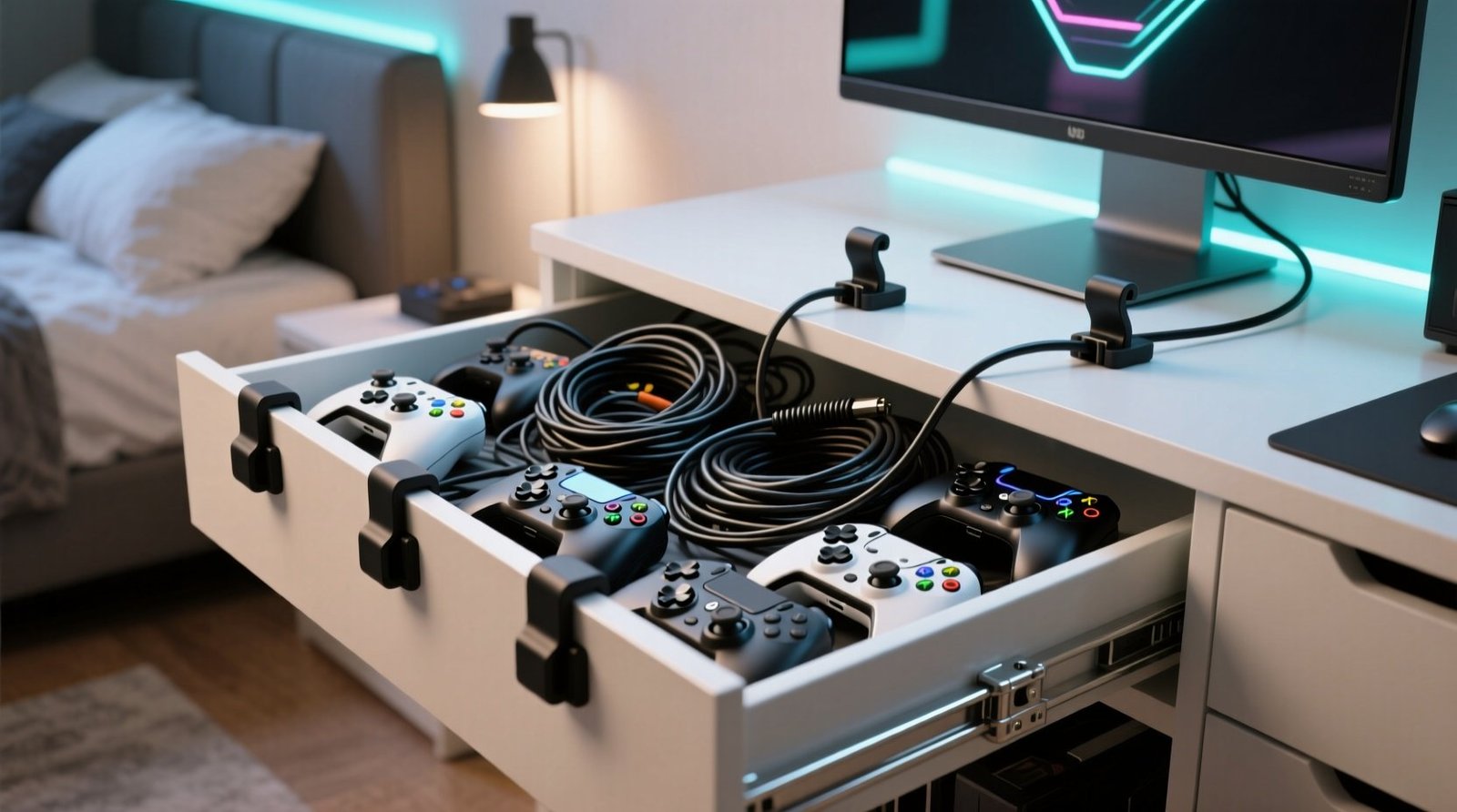 Closet organization tips use gaming clips for cords.jpg