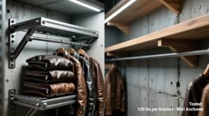 Closet shelf brackets vs floating ledges for leather jackets.jpg