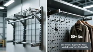 Closet wall grid vs pegboard which holds heavy racks.jpg