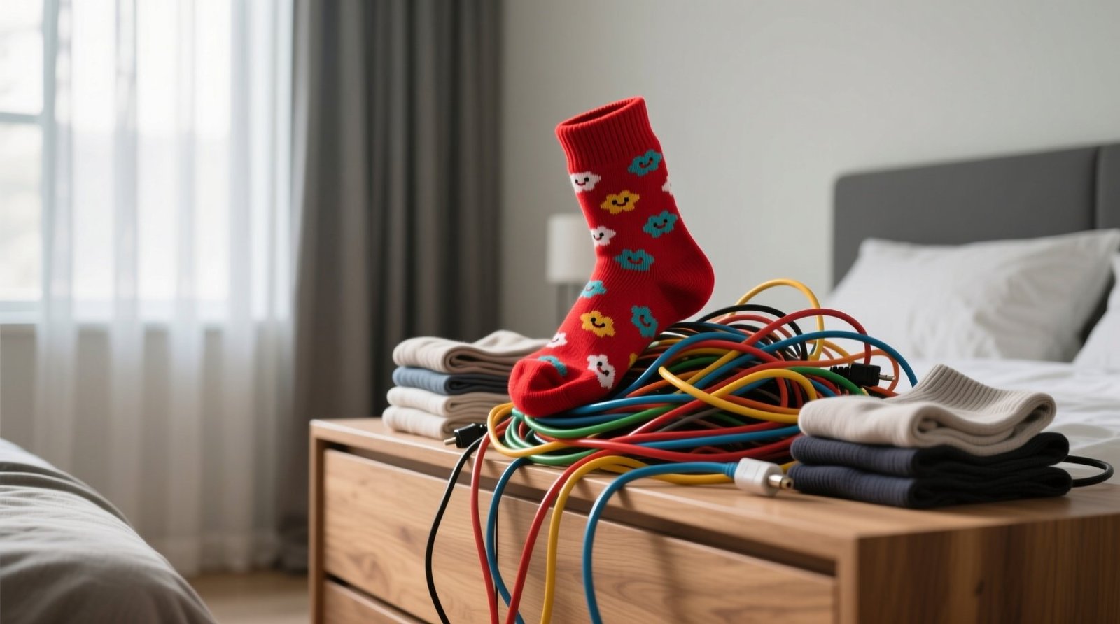 Conquer your cable clutter with an extra sock a textile based solution.jpg