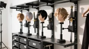 Cosplay closet organization for wig stands props.jpg