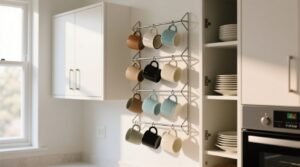 Hang cups and use wire racks to maximize kitchen cupboard space.jpg