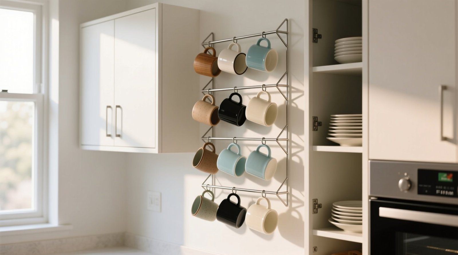 Hang Cups and Use Wire Racks to Maximize Kitchen Cupboard Space