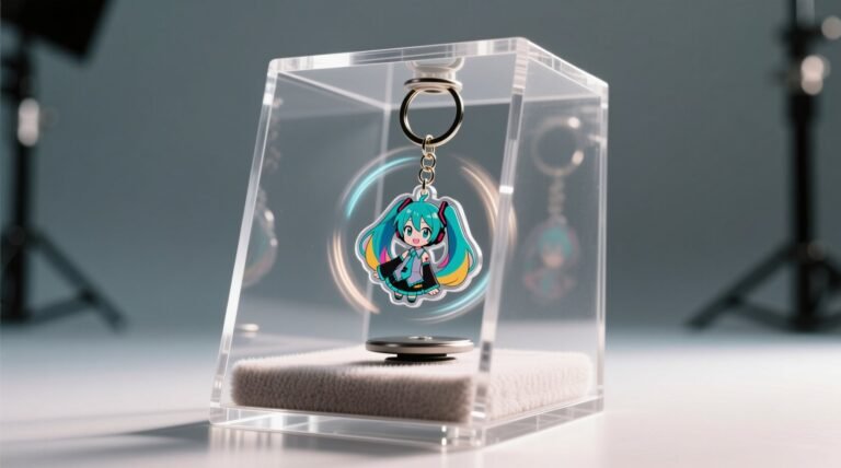 How to organize anime keychains on rotating acrylic stands.jpg