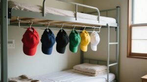 How to store baseball caps on your dorm bunk bed with a wire hanger.jpg