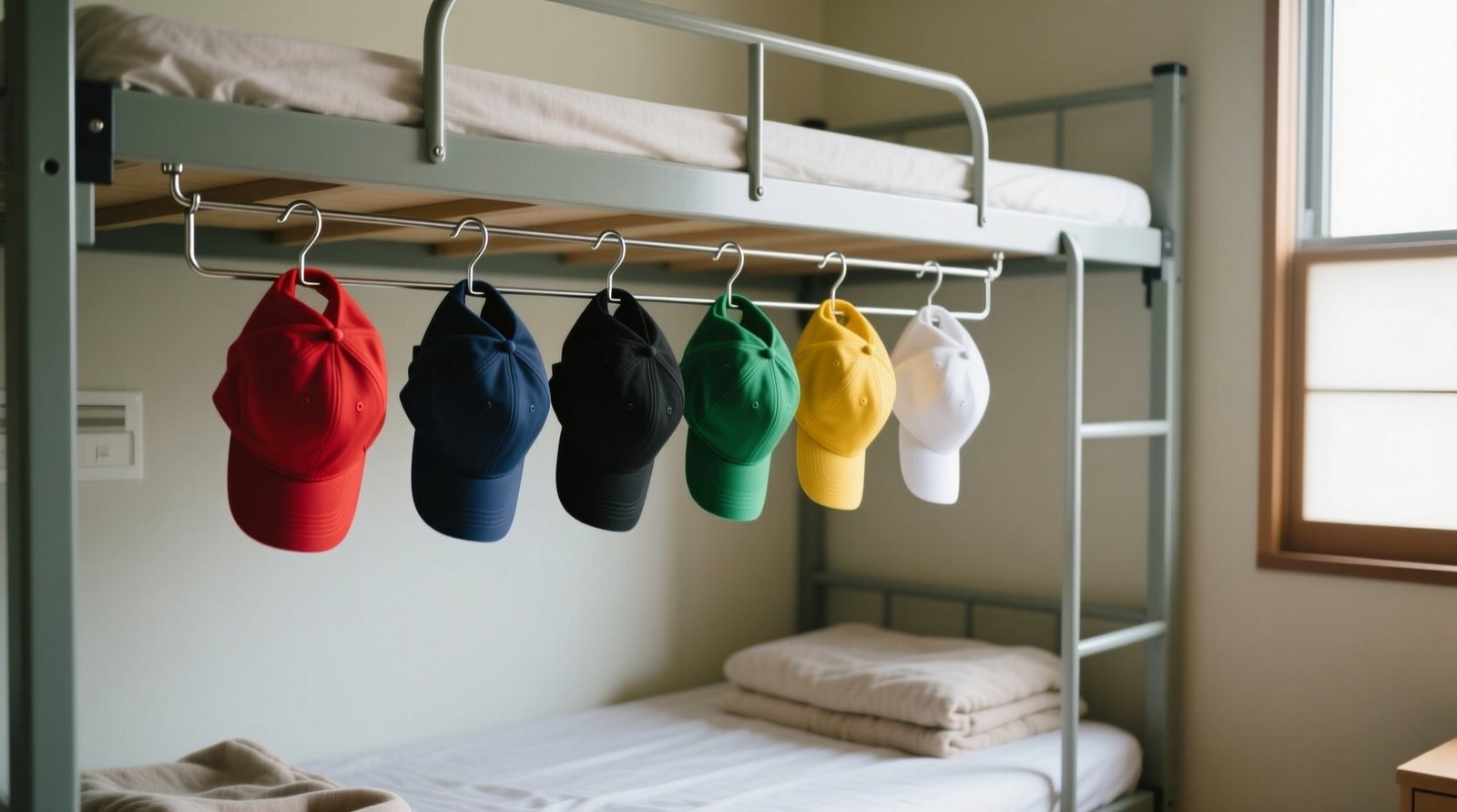 How to store baseball caps on your dorm bunk bed with a wire hanger.jpg