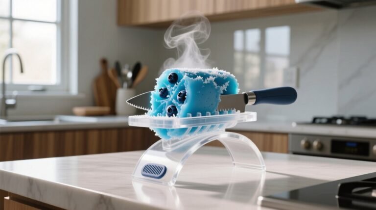 Make slicing a frozen dessert easier by resting it on a chilled metal surface.jpg