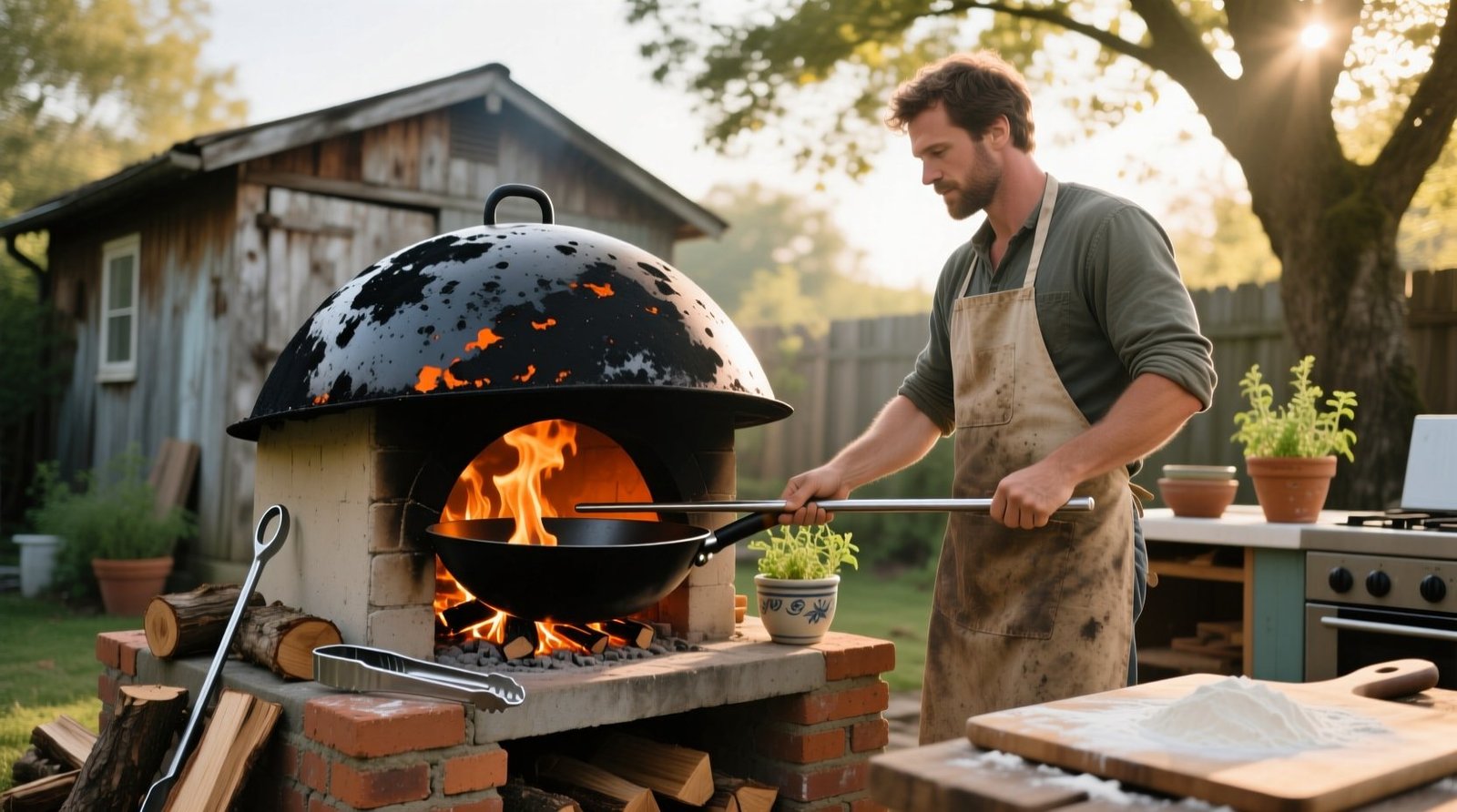 Man uses inverted wok to create hacked diy home pizza oven.jpg