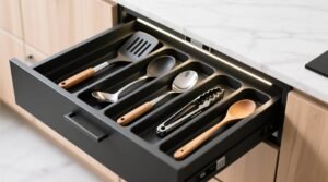 Maximize kitchen drawer space by storing utensils diagonally.jpg