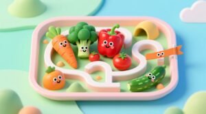 Put veggies first on this food maze tray for kids science backed feeding strategy.jpg