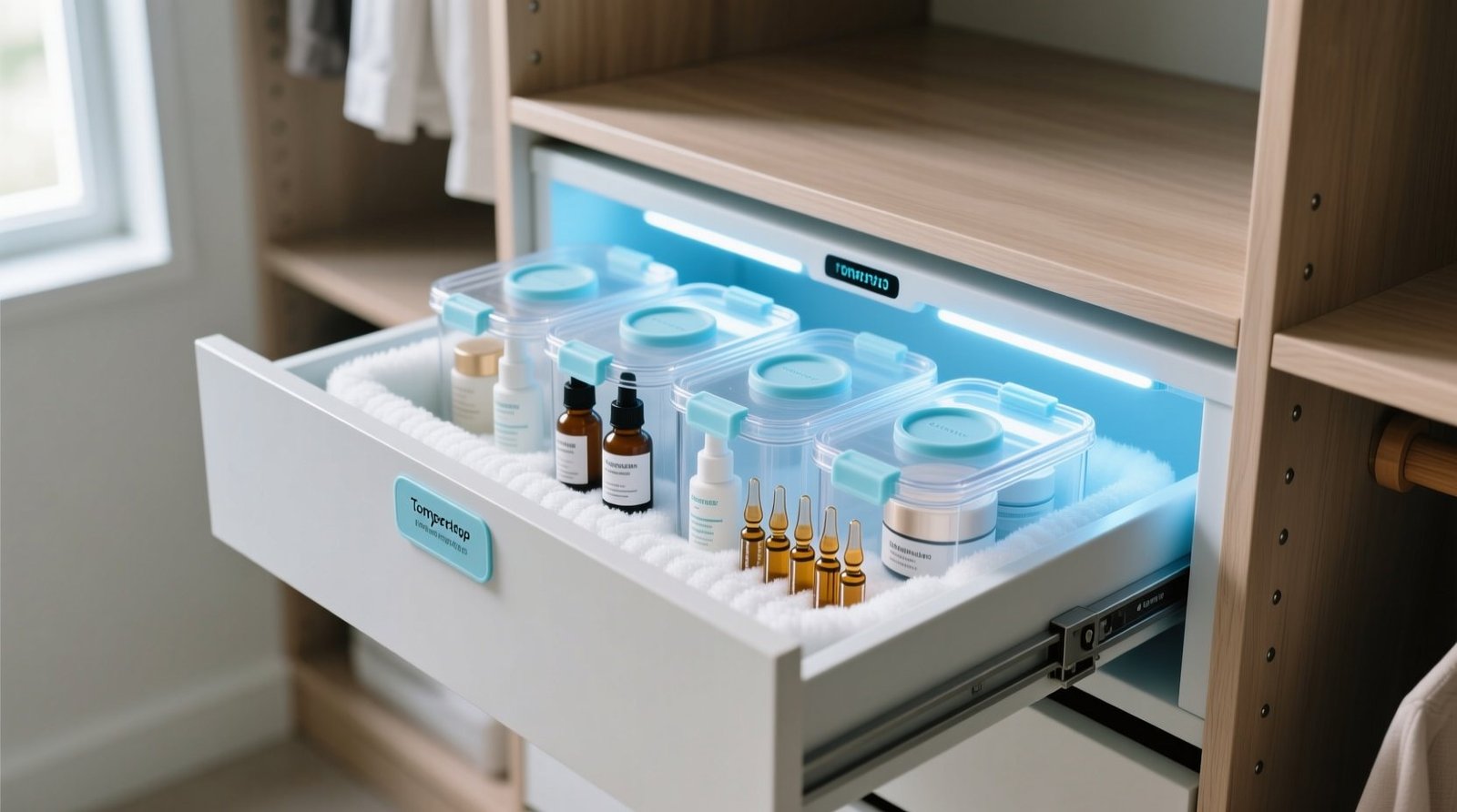 Skincare fridge backup in closet drawers.jpg