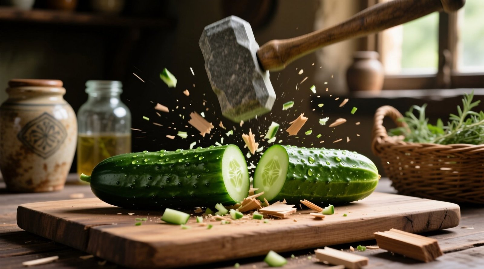 Smash cucumbers before brining for fast flavorful pickles.jpg