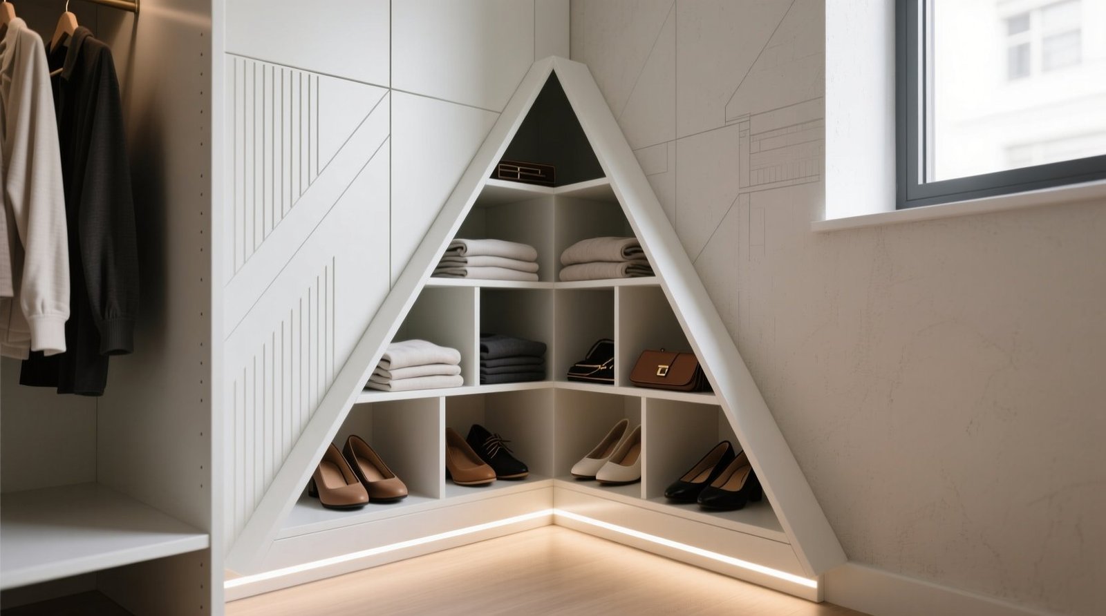 Triangular organizers beat corner shelves for dead zones.jpg