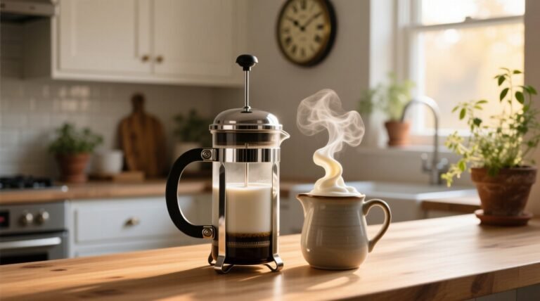 Use a french press to make frothy milk for an easy home latte.jpg