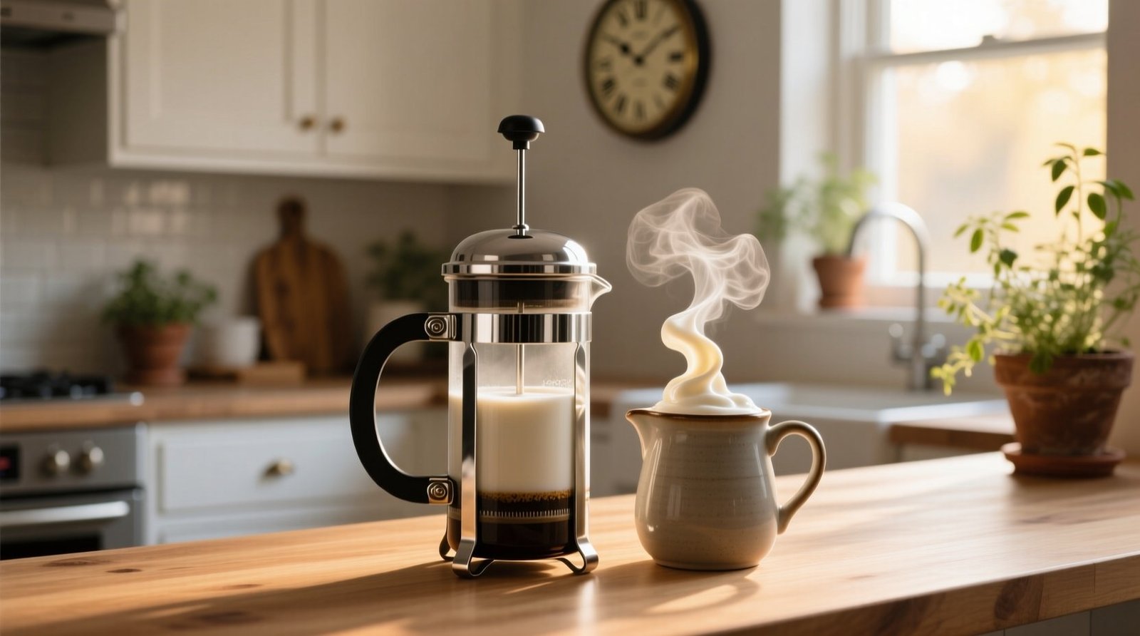 Use a french press to make frothy milk for an easy home latte.jpg