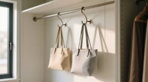 Use shower curtain hooks in the closet as bag and tie hangers.jpg