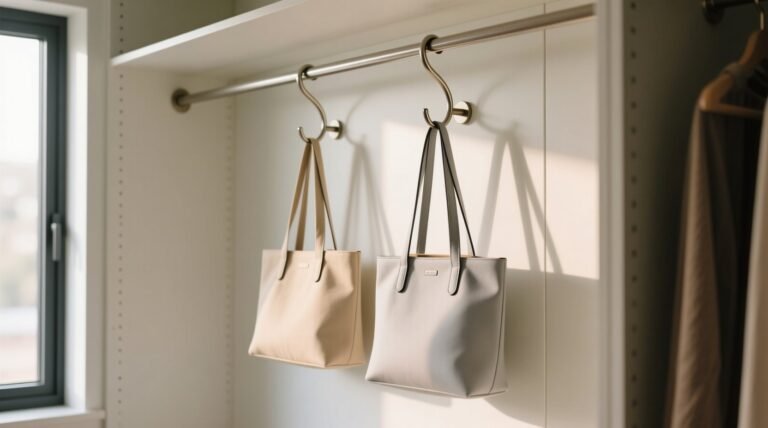 Use shower curtain hooks in the closet as bag and tie hangers.jpg